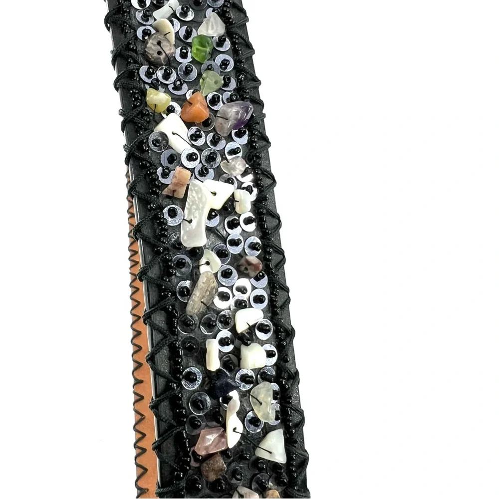 Leather Gemstone Belt Embellished Black‎ Sz M Sequins Multicolored